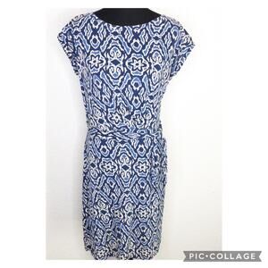 Boden blue and cream geometric print tie waist dress size 8L or 8 Long